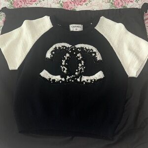 CHANEL Black and White Logo Embellished Top